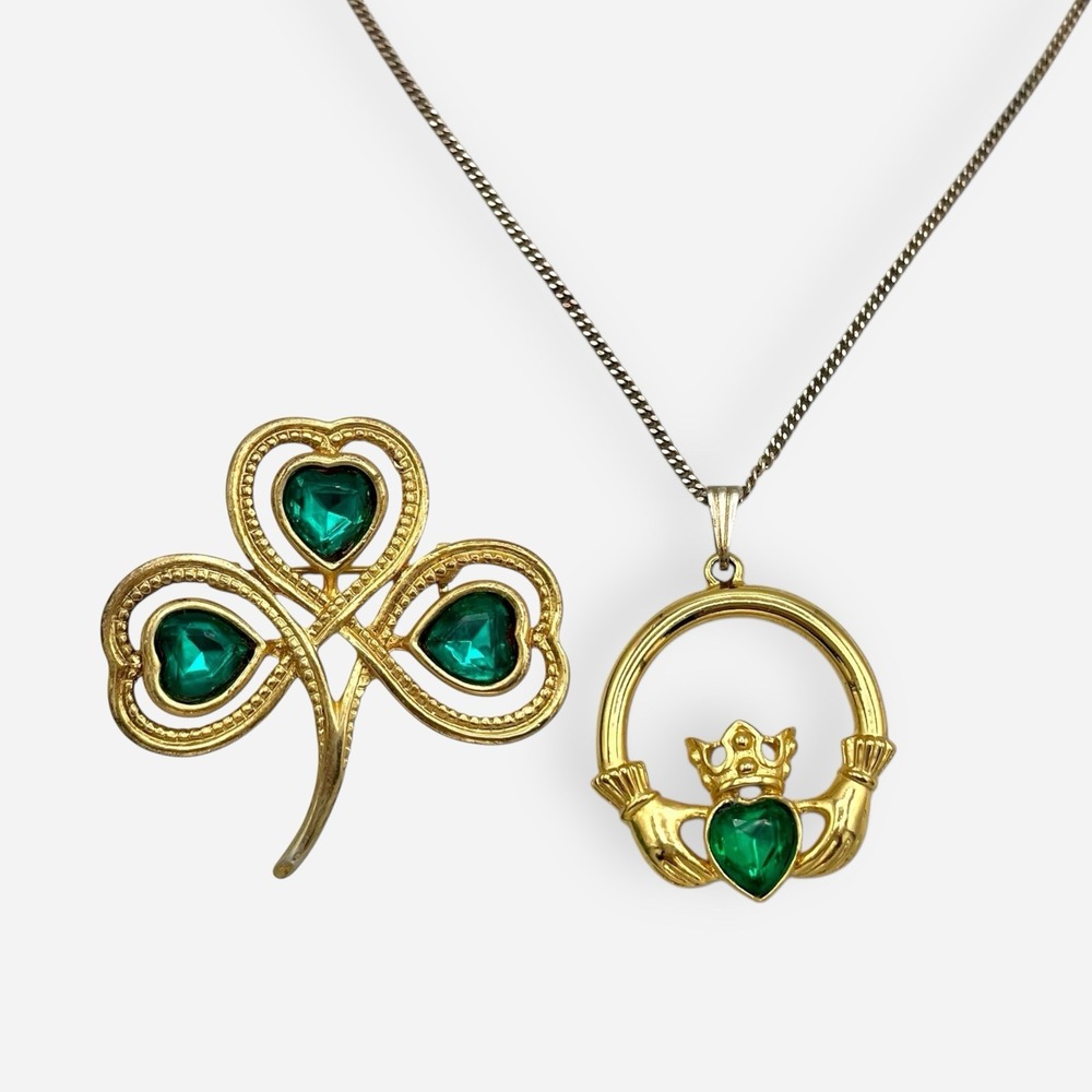 Vintage Claddagh Necklace Gold Heart In Hand & Shamrock Brooch Green Glass Irish